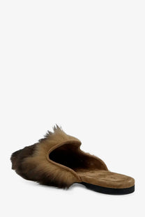 Dolce &amp; gabbana women’s sandali in montone suede mogano tan faux fur mule slipper with suede interior and black sole