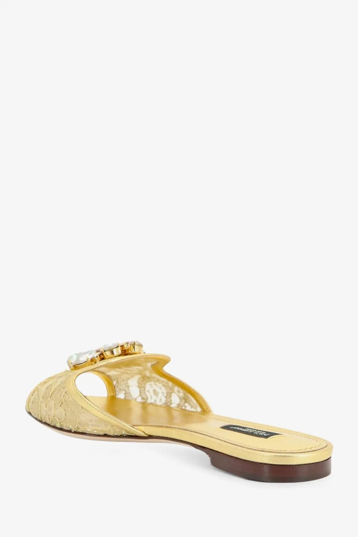 Dolce &amp; Gabbana women’s gold lace-up slide sandal with ornate crystal embellishment and lurex material