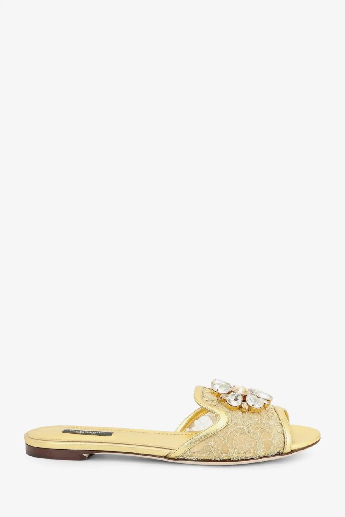 Dolce &amp; Gabbana women’s gold slide sandal with sheer lace upper and crystal flower embellishment