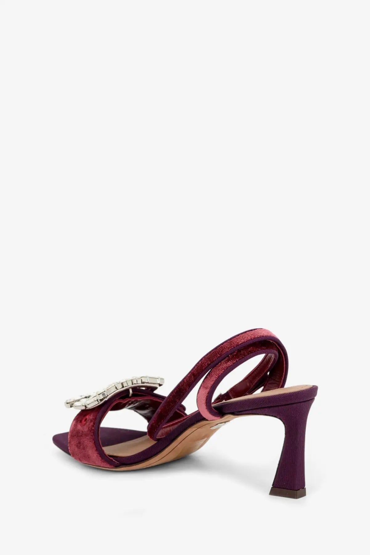 Dolce gabbana women’s purple velvet sandal with silver rhinestone buckle and ribbed heel front view