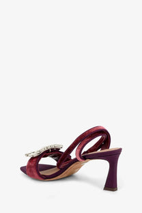 Dolce gabbana women’s purple velvet sandal with silver rhinestone buckle and ribbed heel front view