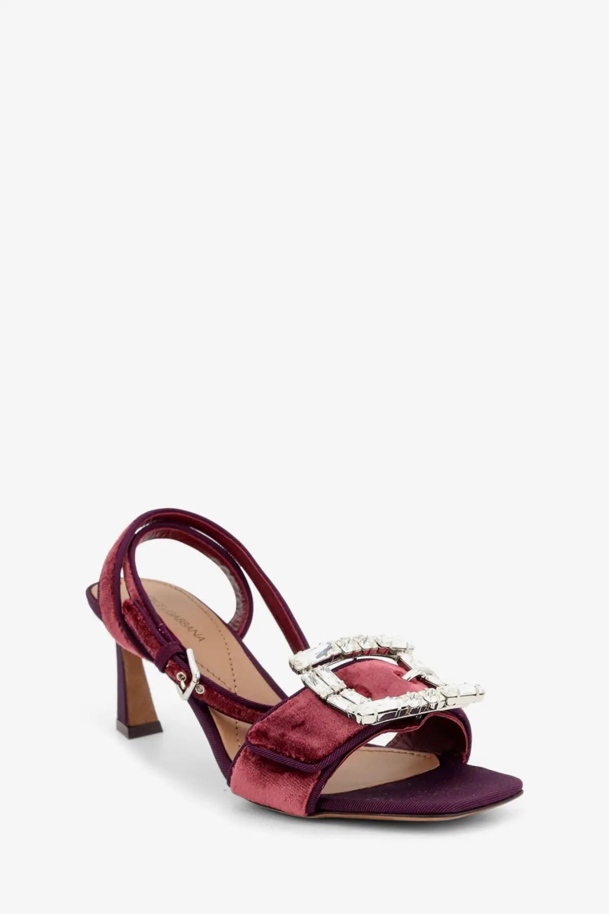 Dolce &amp; Gabbana women’s burgundy velvet sandal with crystal silver buckle and ankle strap front view
