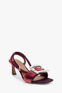 Dolce &amp; Gabbana women’s burgundy velvet sandal with crystal silver buckle and ankle strap front view