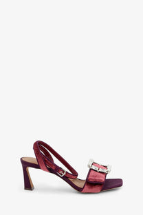 Dolce &amp; Gabbana women’s burgundy velvet sandal with metallic heel and decorative silver buckle accent