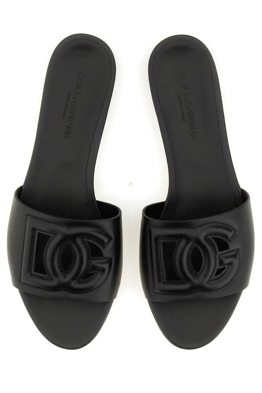 Dolce &amp; Gabbana women’s black slide sandals with glossy finish and embossed logo for stylish casual wear