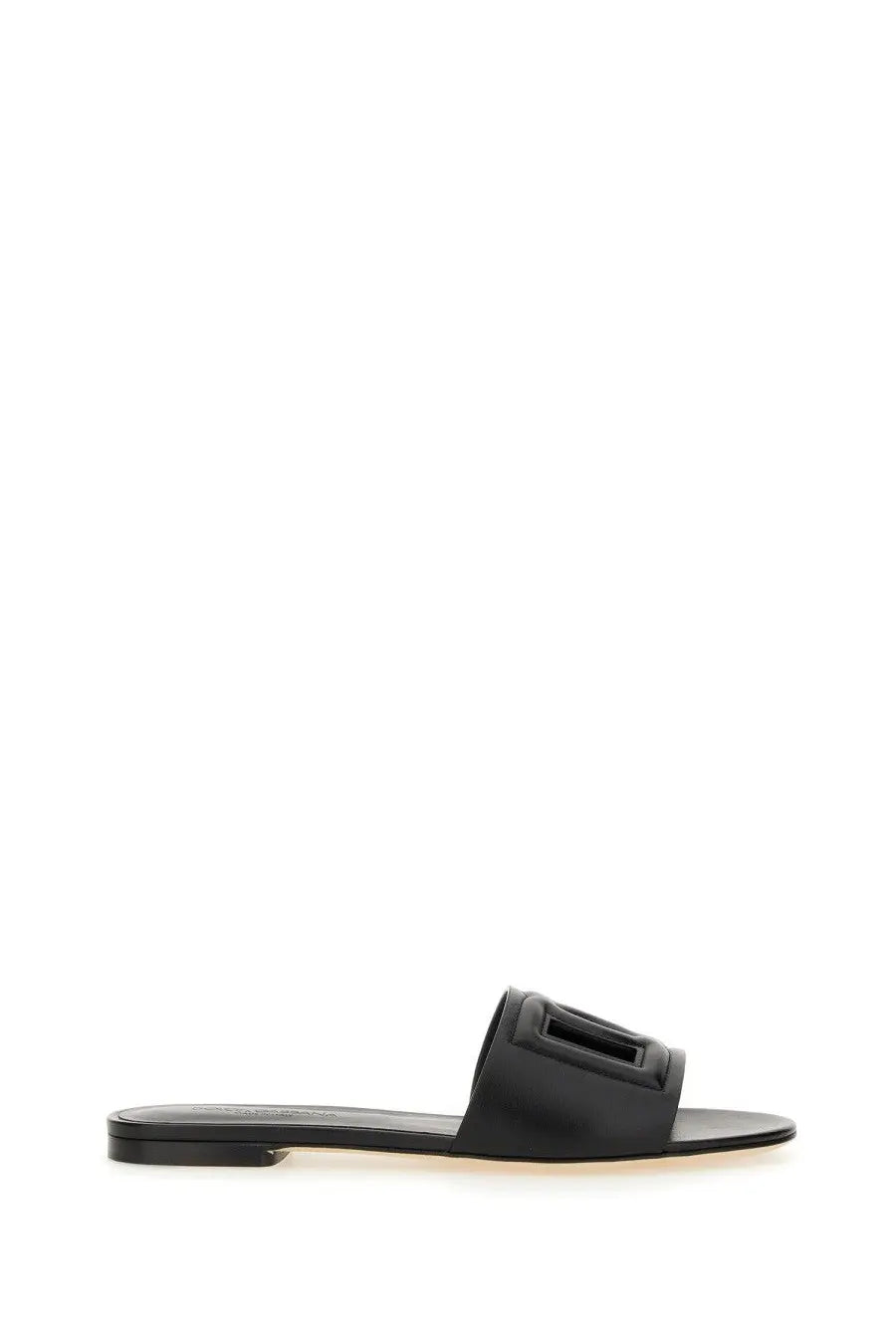 Dolce &amp; Gabbana women’s black leather slide sandal with rectangular buckle detail for casual wear