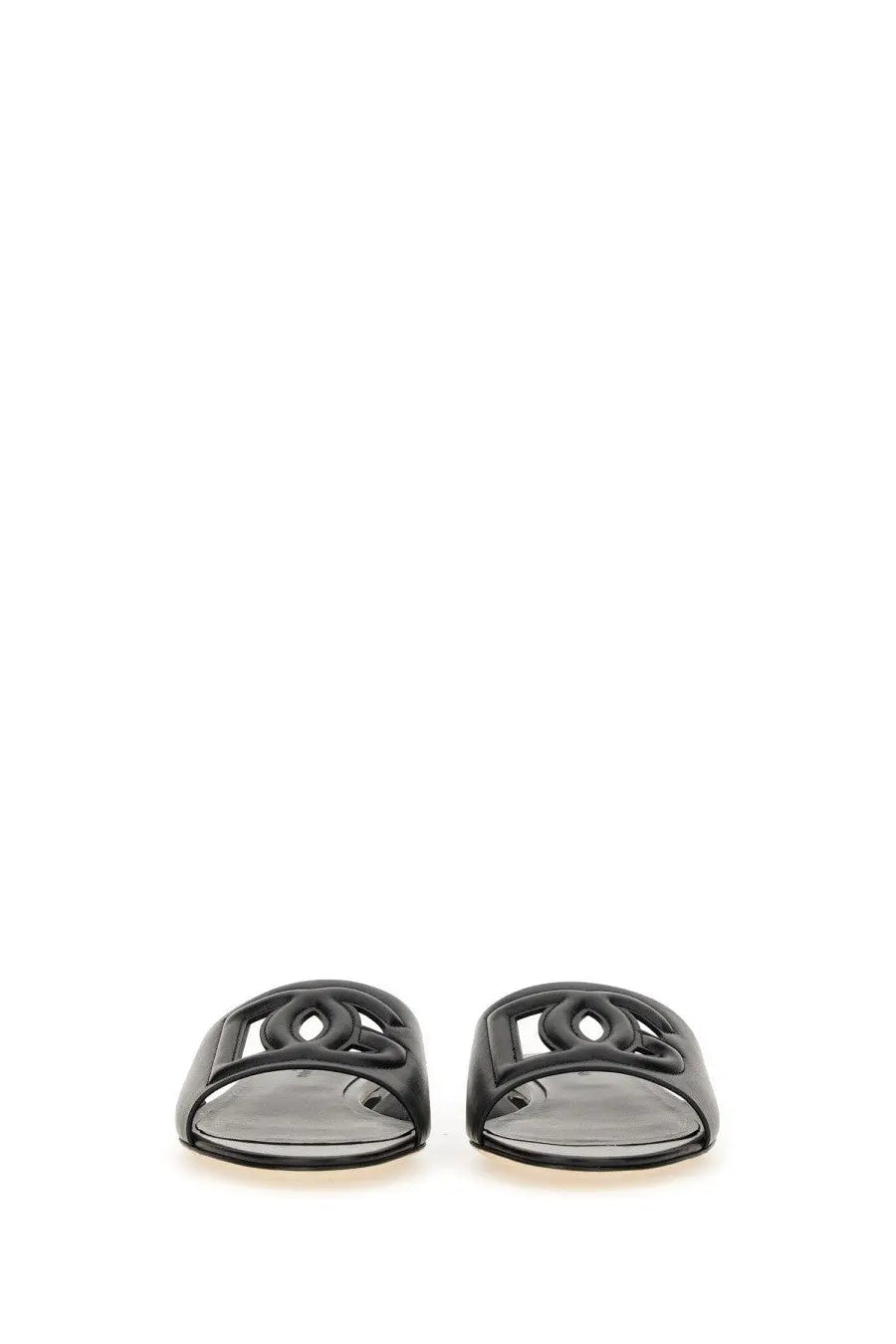 Dolce &amp; gabbana women’s black leather slide sandals with distinctive interlocking cc logo design