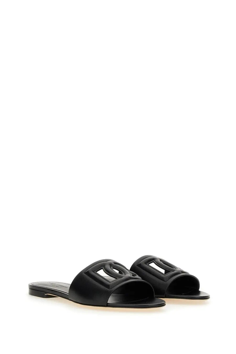 Dolce &amp; Gabbana women’s black leather slide sandals with a bold geometric logo design on the footbed