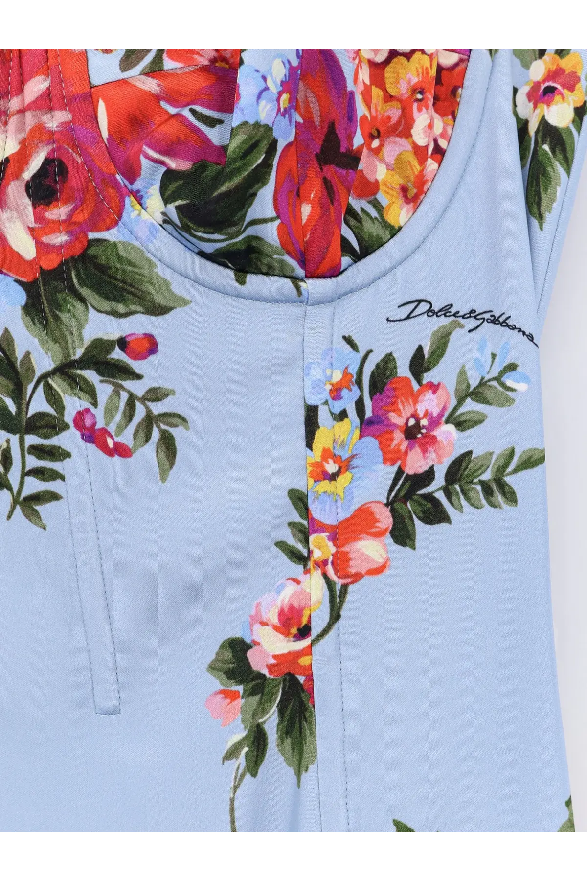 Light blue dolce and gabbana women’s satin bustier dress with vibrant red pink and yellow floral print