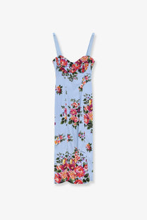 Dolce &amp; Gabbana women’s light blue satin bustier midi dress with thin straps and ruffled neckline floral print