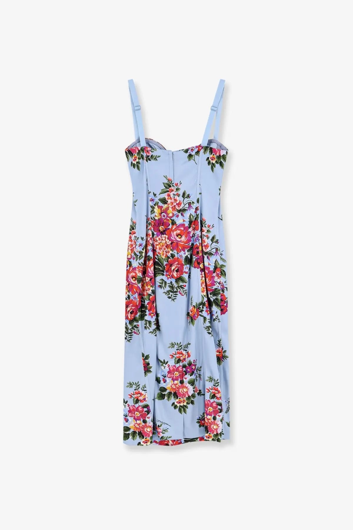 Dolce &amp; Gabbana women’s satin bustier dress in light blue with floral print, thin straps, and fitted bodice