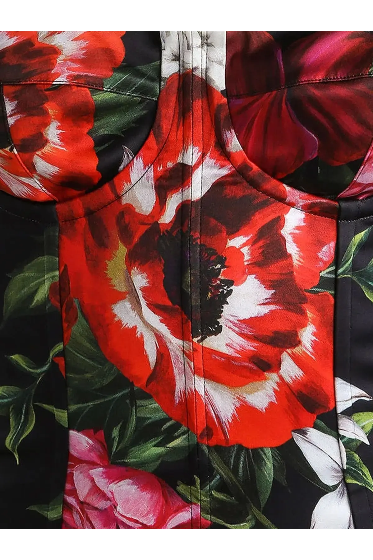 Dolce &amp; Gabbana women’s satin dress black with bold red and white floral print corset top and black accents