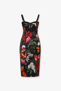 Dolce &amp; Gabbana women’s black satin bodycon dress with thin straps and vibrant red pink white orange floral print