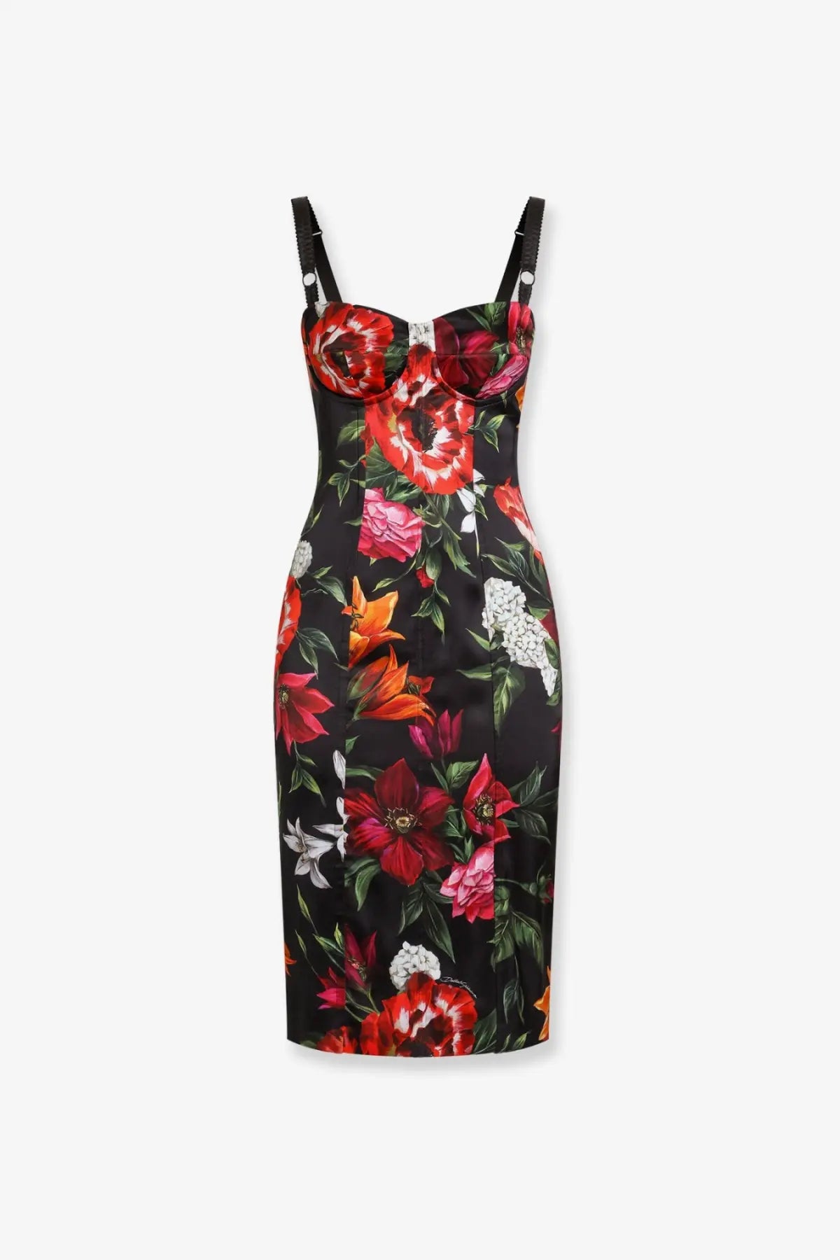 Dolce &amp; Gabbana women’s black satin corset dress with thin straps and vibrant red pink orange and white floral print