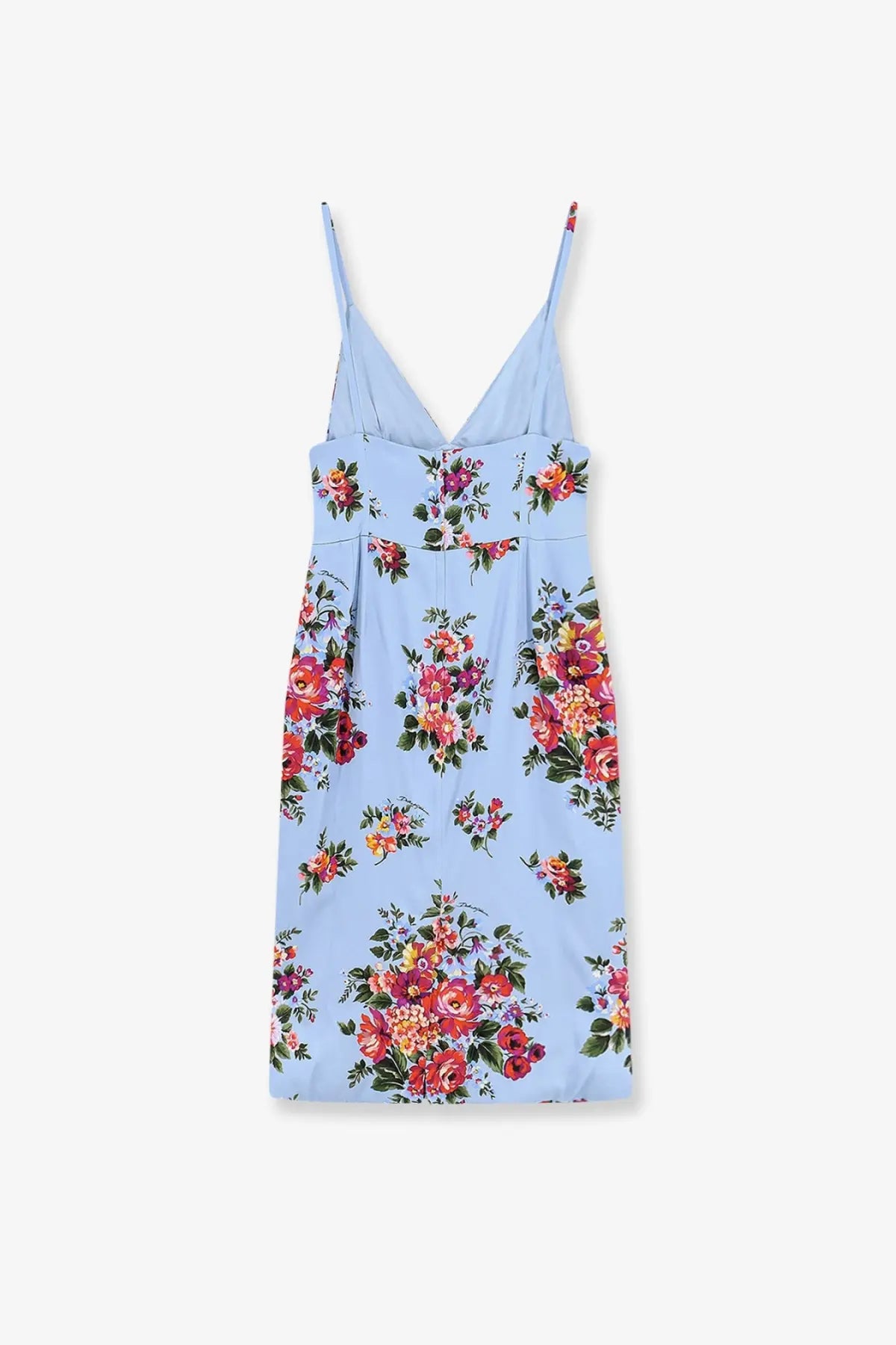 Dolce &amp; Gabbana women’s satin dress blue with light blue floral print midi length thin spaghetti straps and v-neckline