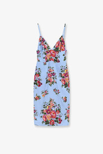 Dolce &amp; Gabbana women’s satin dress blue with light blue floral print and vibrant pink orange green blossoms