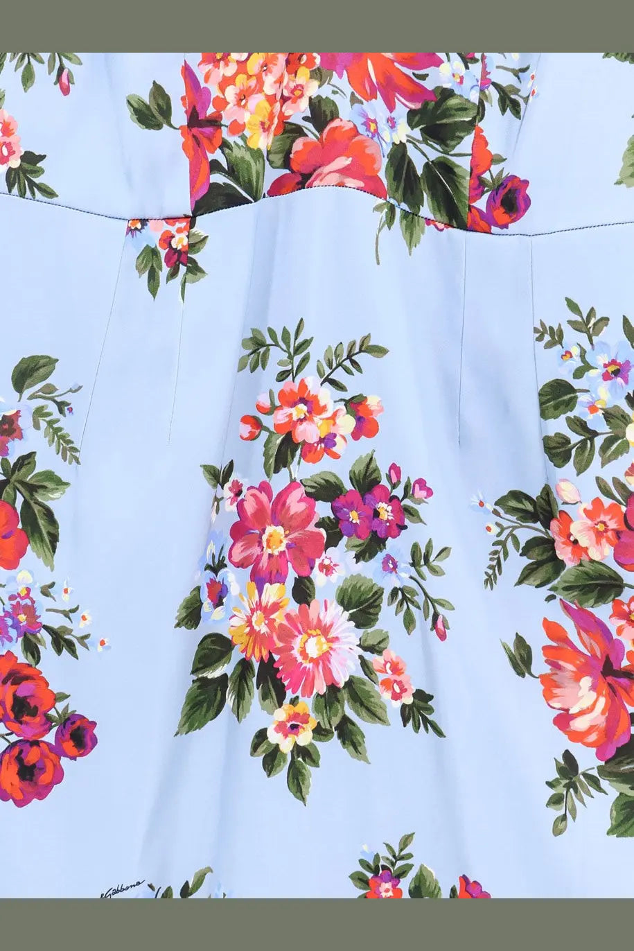 Dolce &amp; Gabbana women’s satin dress in light blue with vibrant red pink and purple floral pattern and green leaves