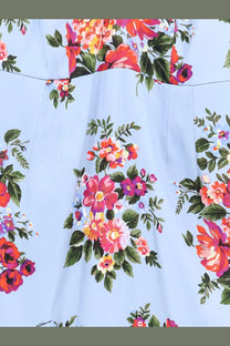 Dolce &amp; Gabbana women’s satin dress in light blue with vibrant red pink and purple floral pattern and green leaves