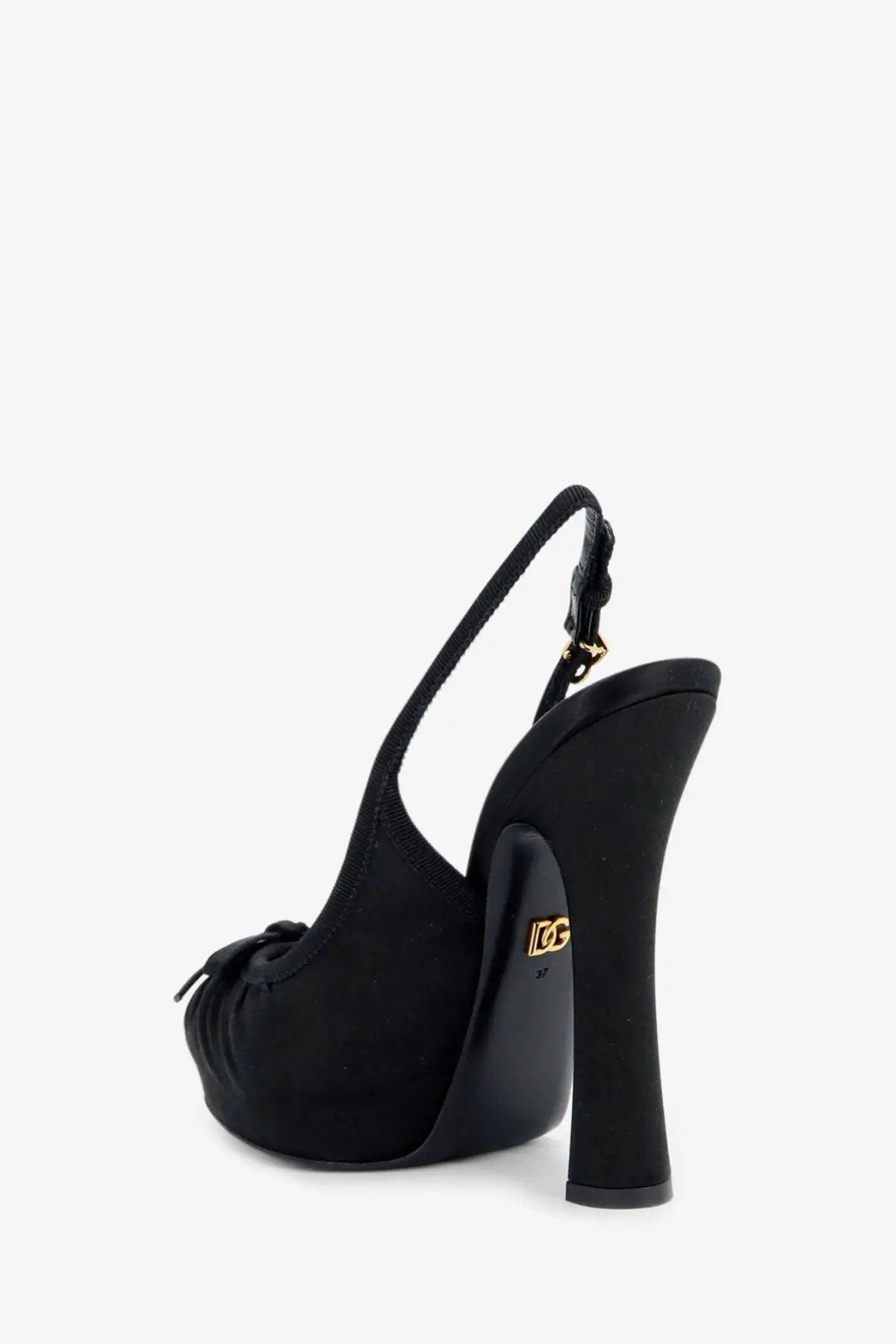 Dolce &amp; Gabbana women’s black satin slingback pump with glossy finish and gold-tone logo plaque on the heel back side