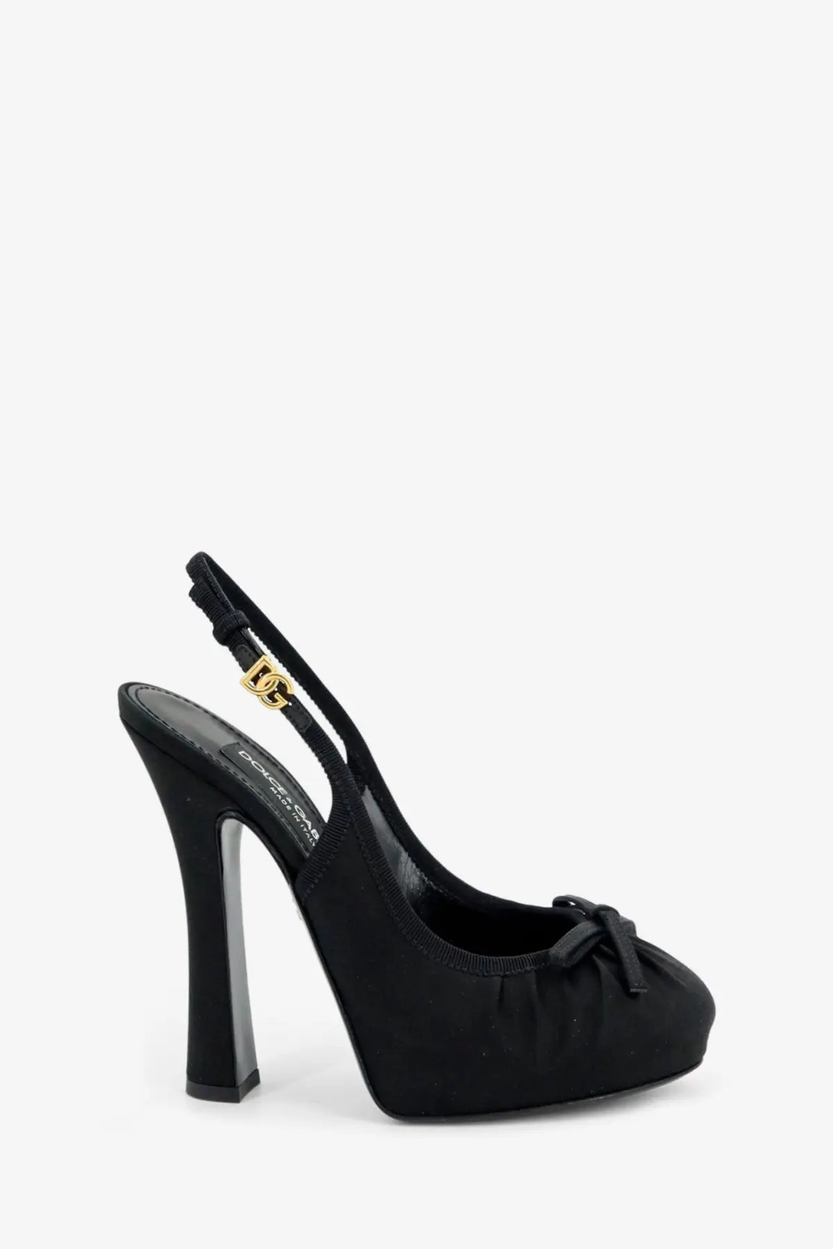 Dolce &amp; gabbana women’s black suede satin écolleté slingback pump with gold-tone logo buckle and bow at toe