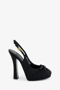 Dolce &amp; gabbana women’s black suede satin écolleté slingback pump with gold-tone logo buckle and bow at toe