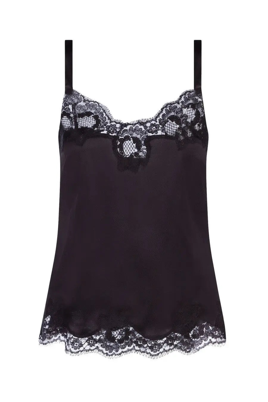Dolce &amp; Gabbana women’s black satin camisole with delicate black lace trim along neckline and hem