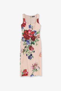 Dolce &amp; Gabbana women’s satin longuette dress in soft peach with vibrant red pink and purple floral print on flowing fabric