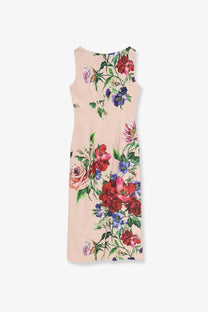 Dolce &amp; Gabbana women’s satin longuette dress in soft peach with vibrant floral pattern in reds pinks purples and greens