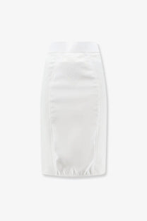 Dolce &amp; Gabbana women’s white satin midi pencil skirt with smooth glossy finish and subtle vertical seam detailing