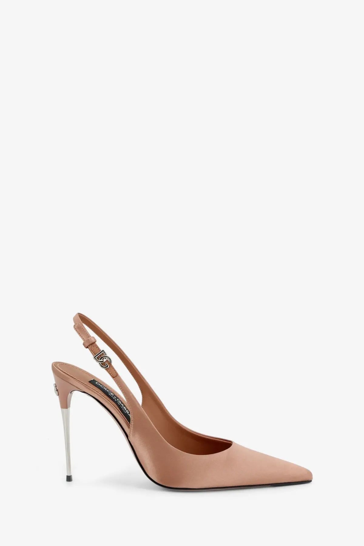 Beige satin slingback pump with metallic heel and silver Dolce &amp; Gabbana logo buckle for women