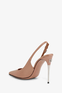 Dolce &amp; Gabbana women’s satin pumps pink with tan leather slingback pump and metallic silver stiletto heel and logo plaque