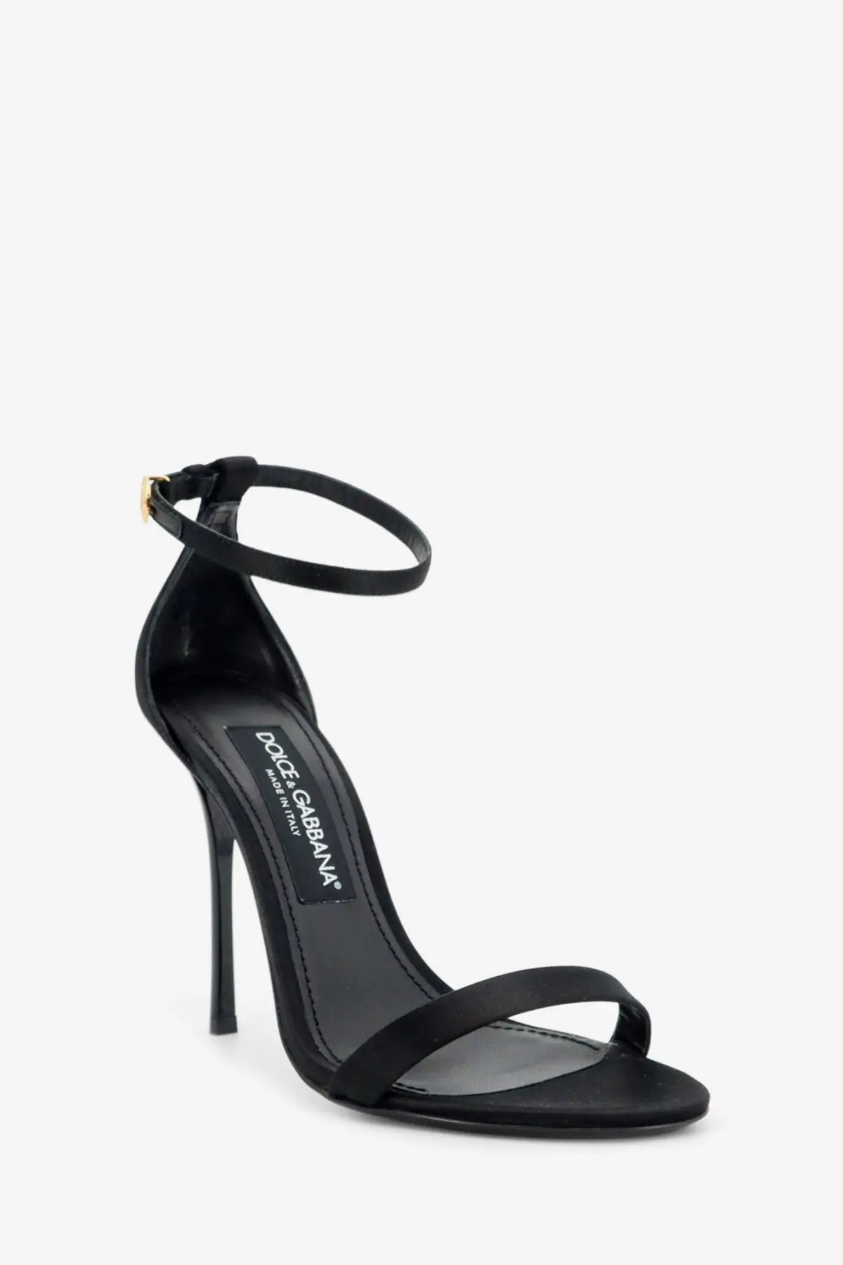 Dolce &amp; gabbana women’s black satin high-heeled sandal with slender ankle strap and gold-tone buckle