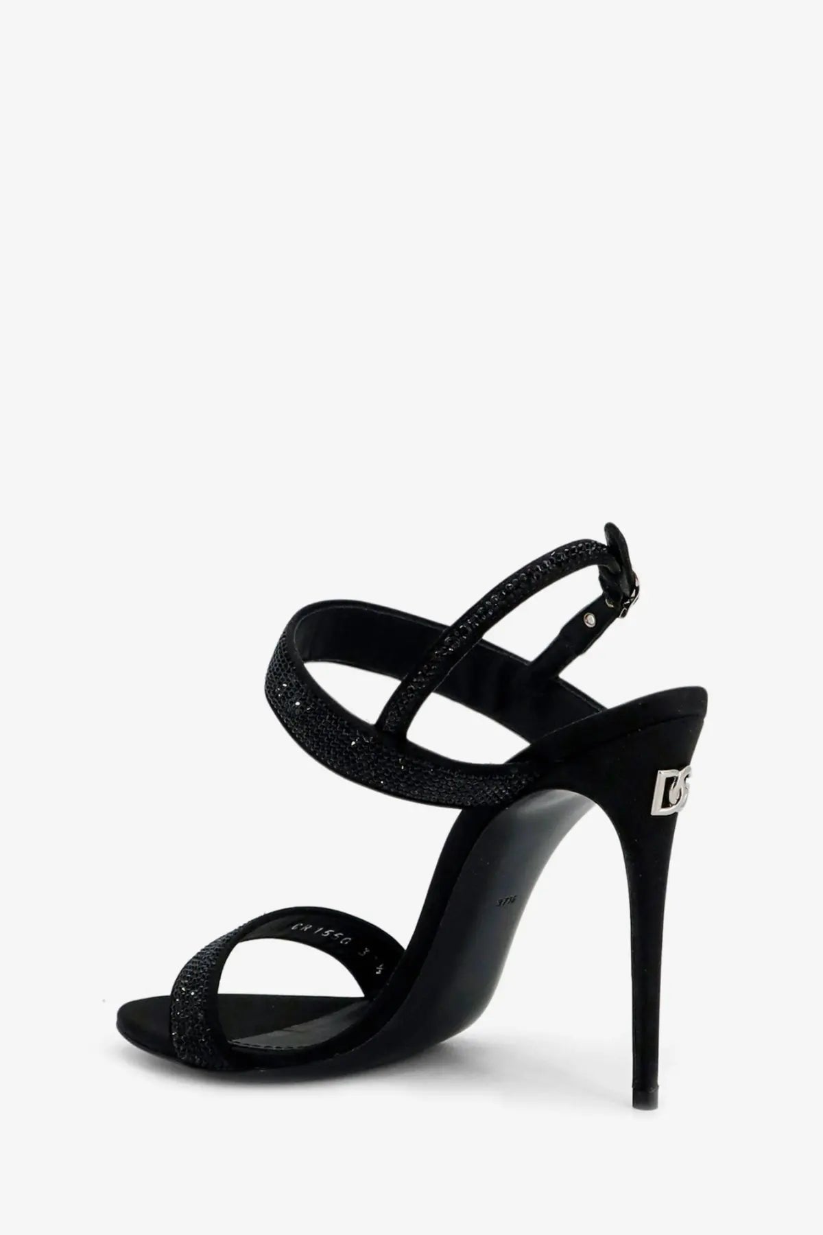Dolce &amp; Gabbana women’s black satin high-heeled sandal with sparkling straps and a sleek elegant design