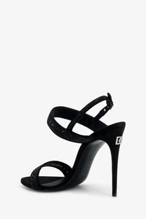 Dolce &amp; Gabbana women’s black satin high-heeled sandal with sparkling straps and a sleek elegant design