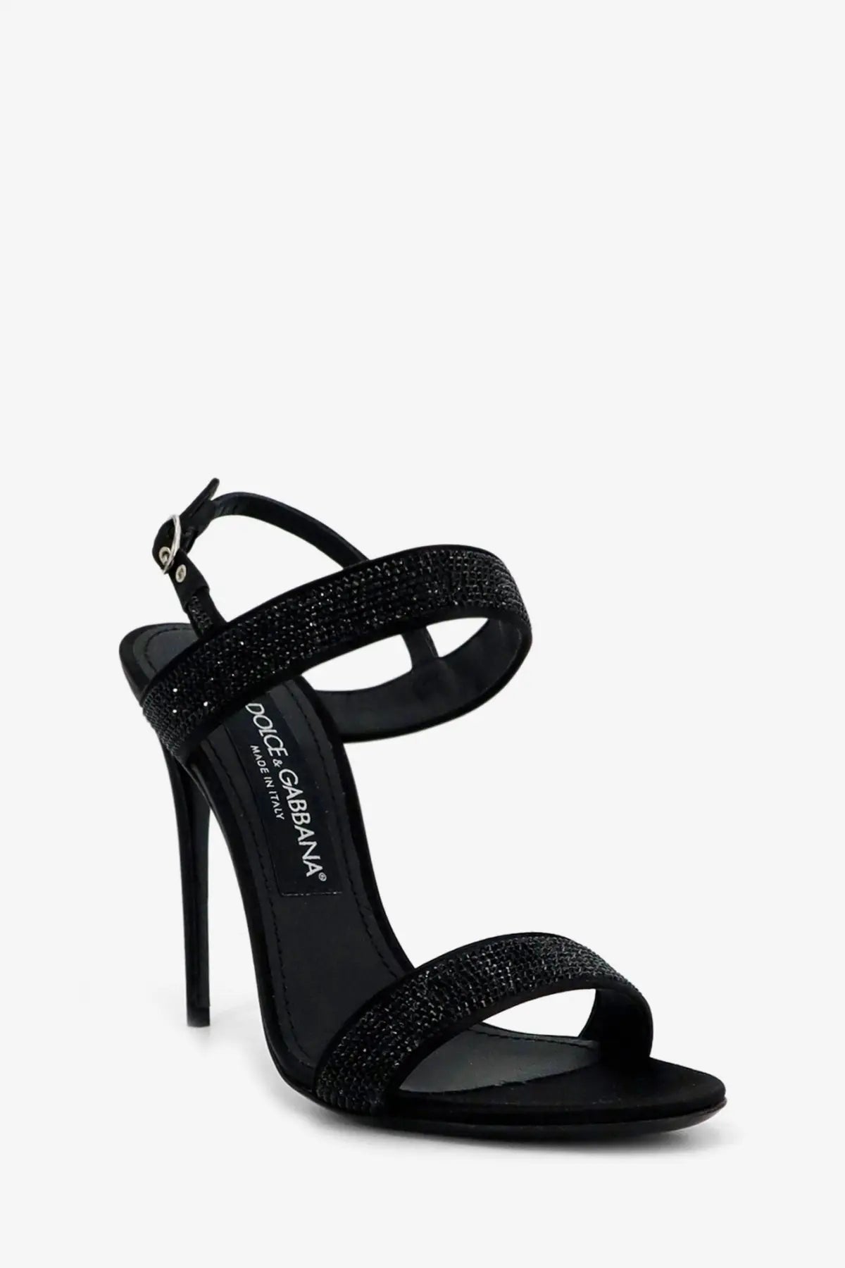 Dolce &amp; Gabbana women’s black satin high-heeled sandal with glittery straps and a slender heel