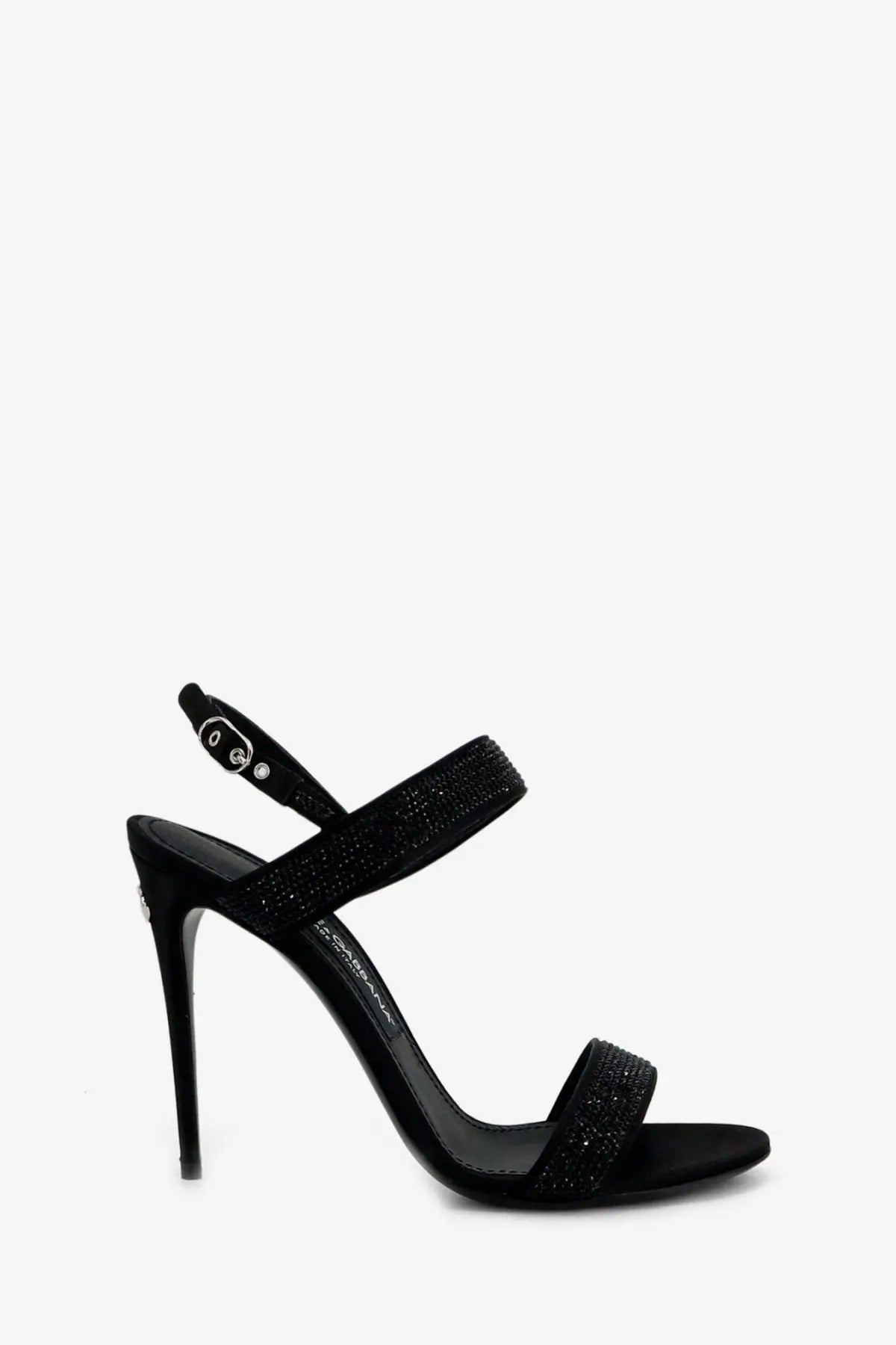 Dolce &amp; Gabbana women’s black satin high-heeled sandal with sparkling embellishments on the straps