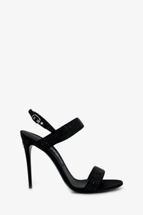 Dolce &amp; Gabbana women’s black satin high-heeled sandal with sparkling embellishments on the straps