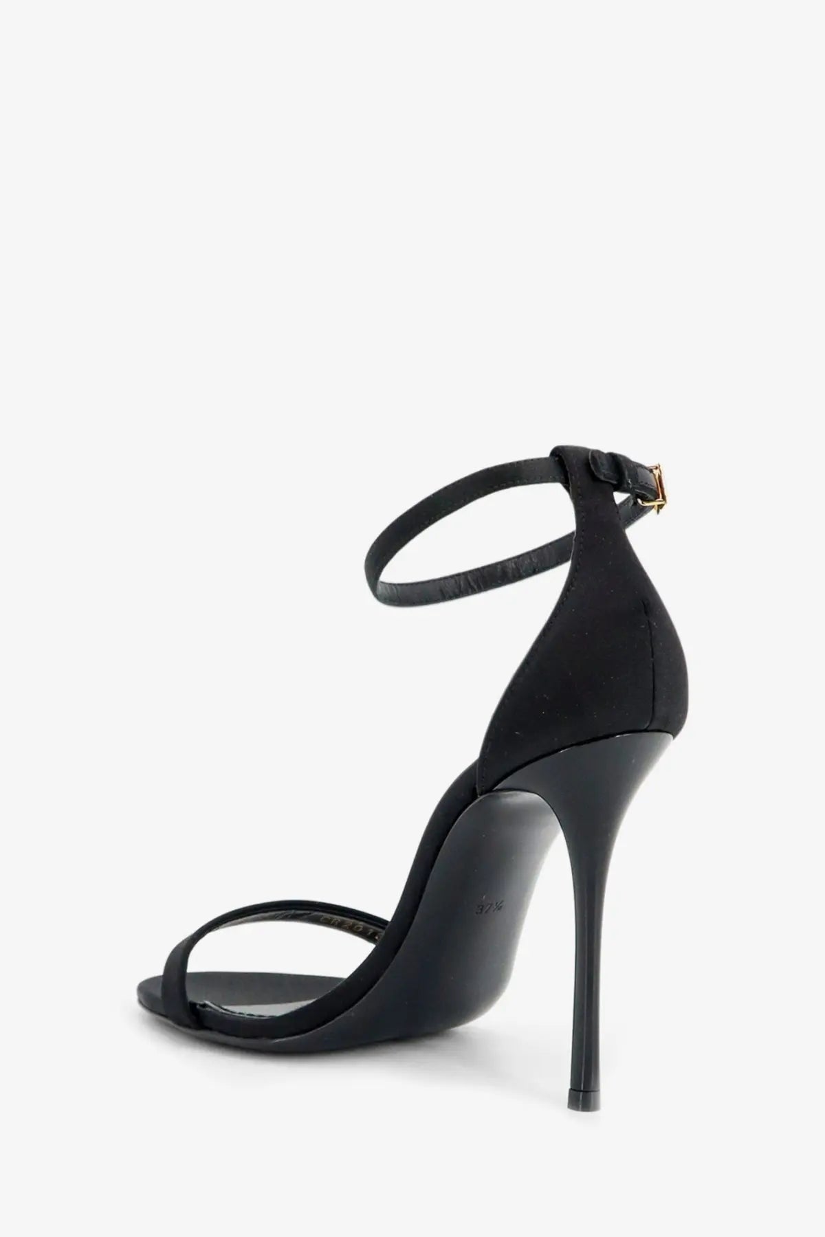 Dolce &amp; Gabbana women’s black satin high-heeled sandal with slender stiletto heel and ankle strap