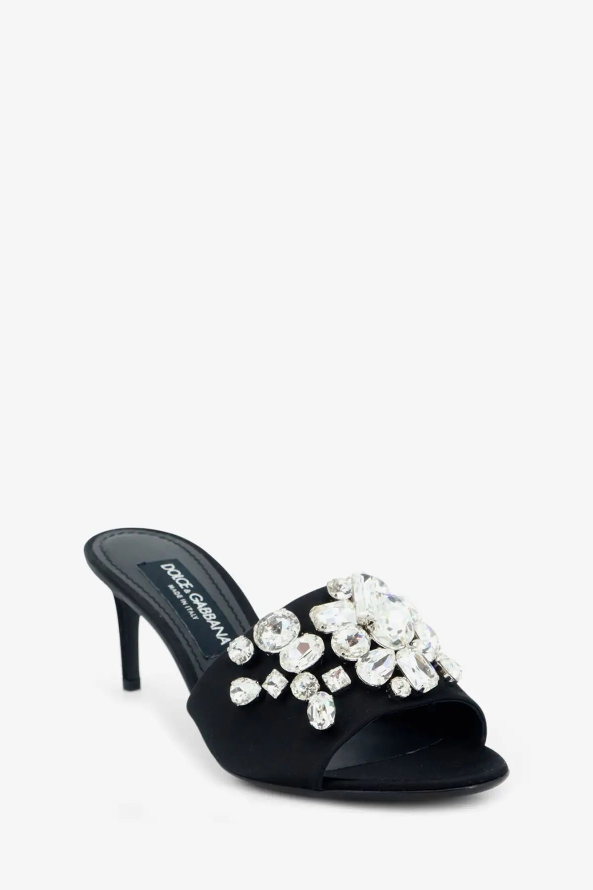 Black dolce and gabbana women’s satin mule sandal adorned with clear faceted crystal cluster embellishments