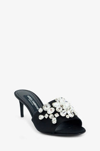 Black dolce and gabbana women’s satin mule sandal adorned with clear faceted crystal cluster embellishments