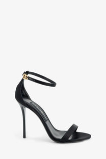 Dolce &amp; Gabbana women’s black satin strap sandal with gold-tone dg logo clasp and slender high heel