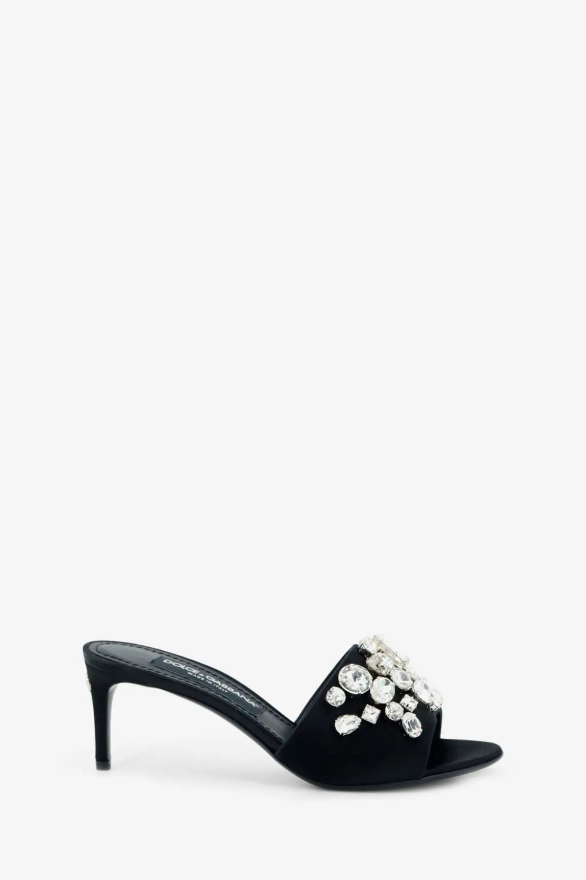 Dolce &amp; Gabbana women’s black satin mule sandal adorned with clear faceted crystal cluster detailing