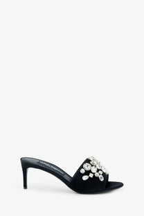 Dolce &amp; Gabbana women’s black satin mule sandal adorned with clear faceted crystal cluster detailing