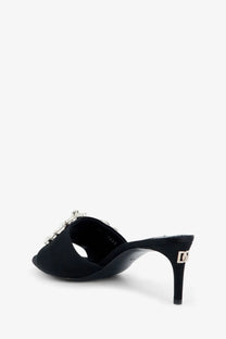 Dolce &amp; Gabbana women’s black suede mule sandal with crystal embellishment and gold-tone heel logo