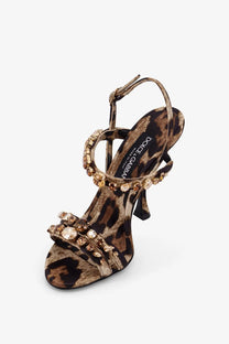 Dolce and Gabbana women’s leopard print satin sandals with gold toned crystal embellishments and slender heel