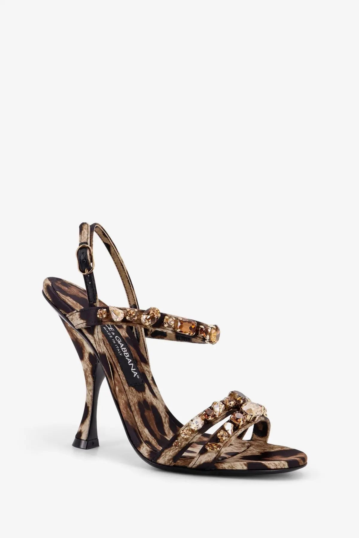Dolce &amp; Gabbana women’s leopard print satin sandals with gold-tone crystal embellishments and slender high heels