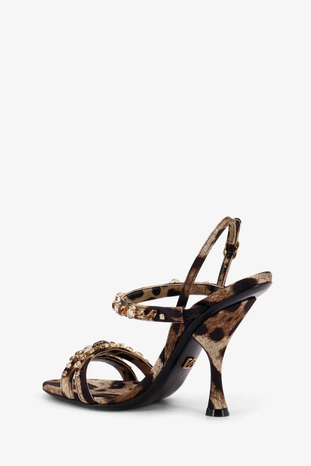 Dolce and Gabbana women’s leopard print satin sandals with strappy design gold-tone embellishments and stiletto heel