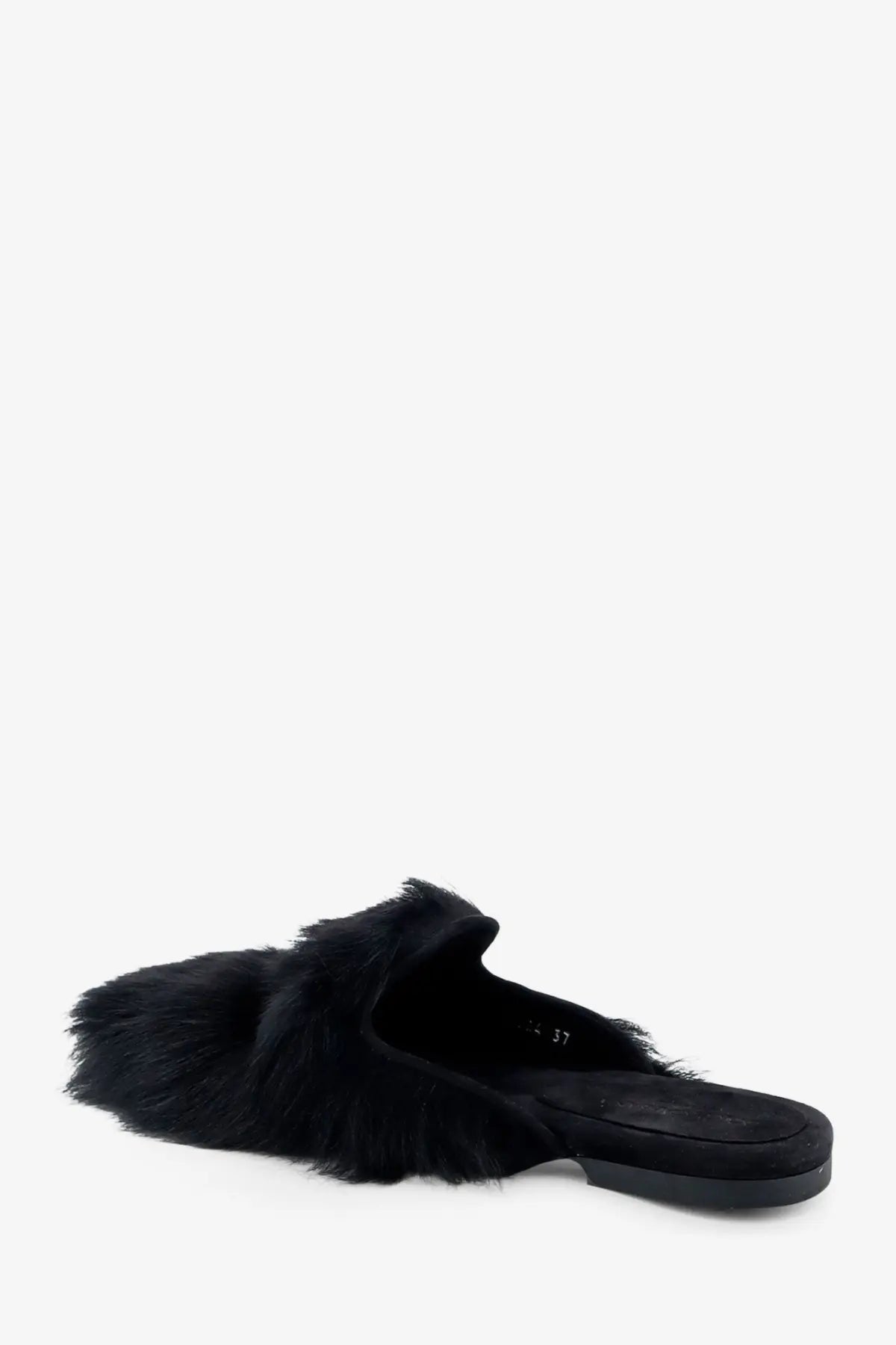 Dolce &amp; Gabbana women’s black mule slip-on sandals with black faux fur, suede insole, and rubber sole