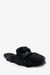 Dolce &amp; Gabbana women’s black slide sandal with sheepskin faux fur and suede and embroidered logo strap