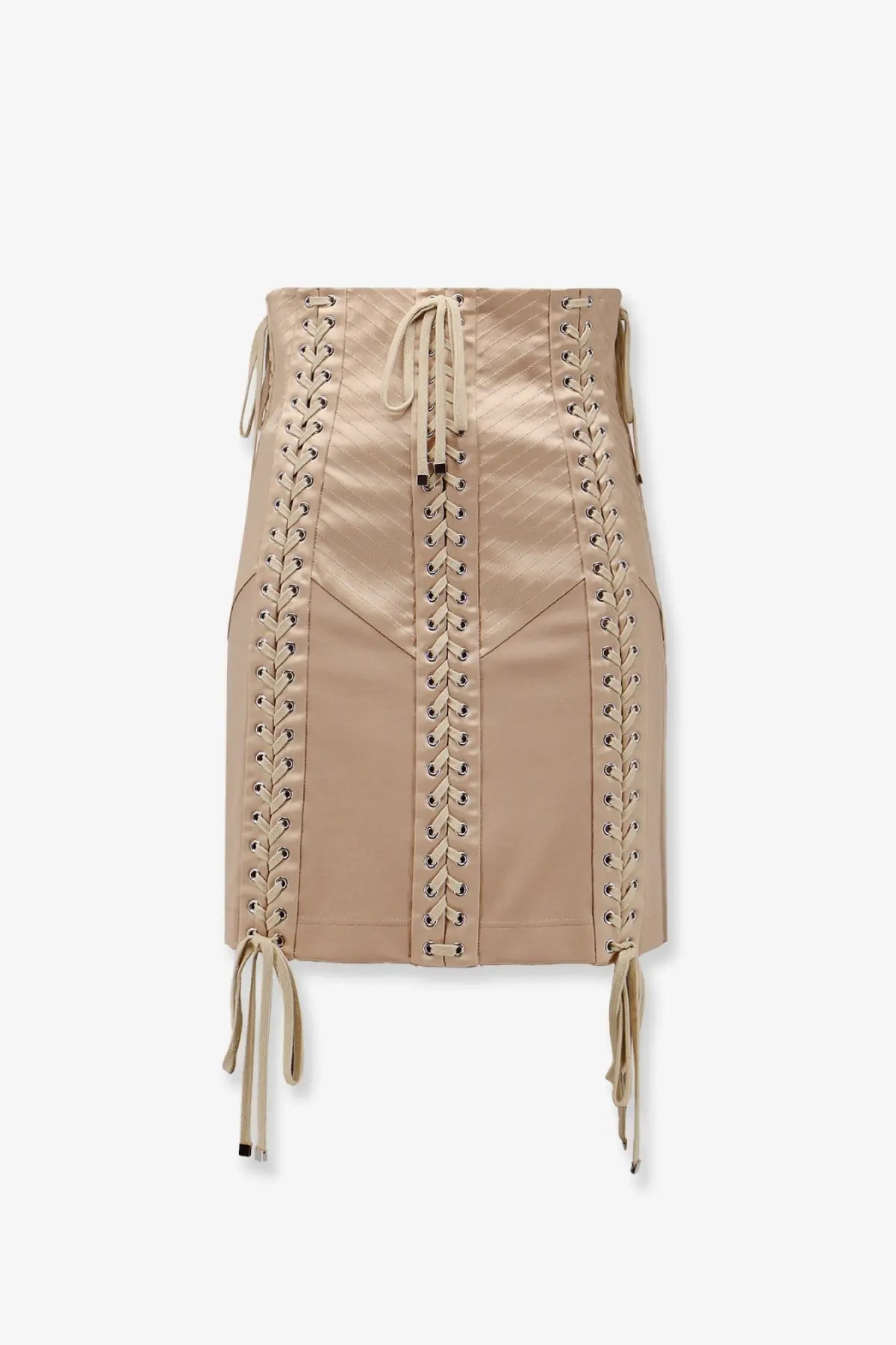 Dolce &amp; Gabbana women’s beige satin mini skirt with lace-up front and side ties in shiny satin material